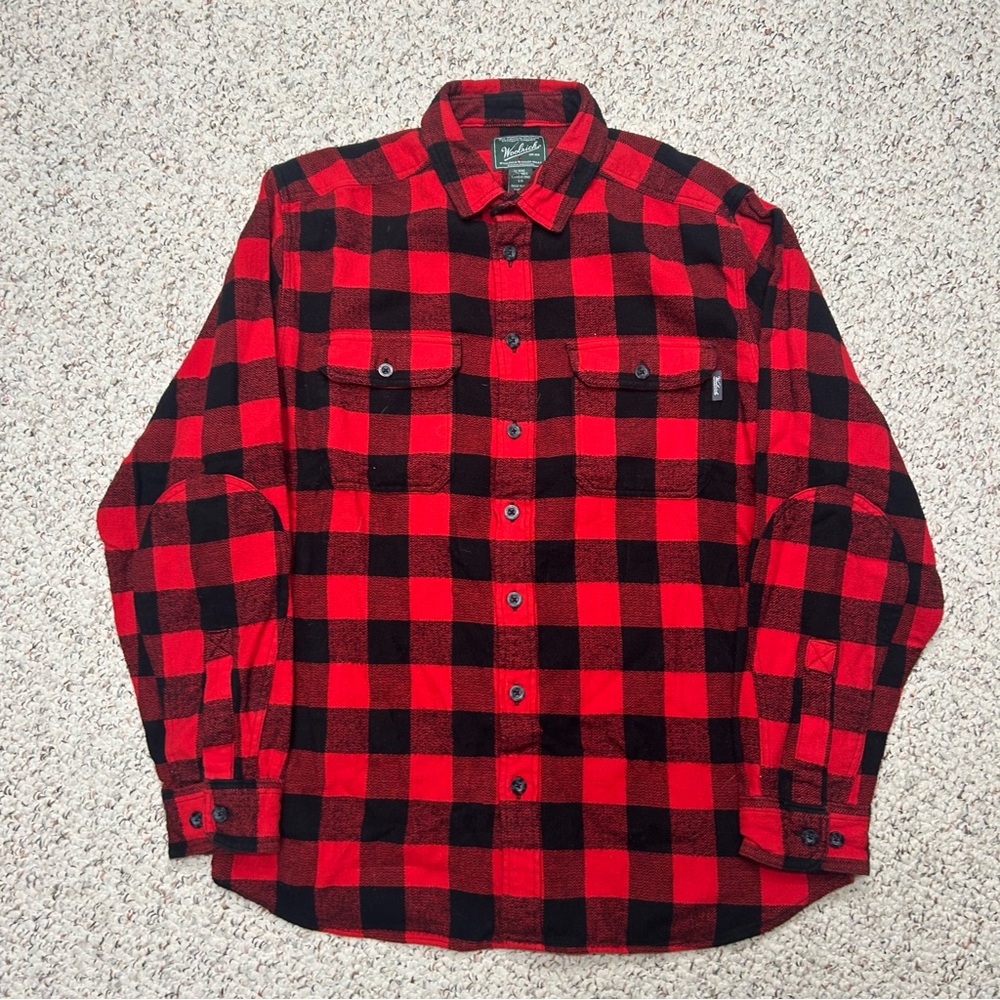Woolrich Oxbow Bend Flannel Shirt Buffalo Plaid Button Up Heavy Large Long Red - Picture 2 of 7